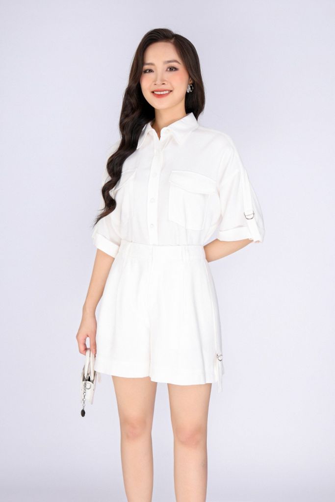 BQN33040 - Quần short dạo phố vải thô đũi dáng suông ống rộng phối đai hai bên sườn tạo kiểu - PANTIO