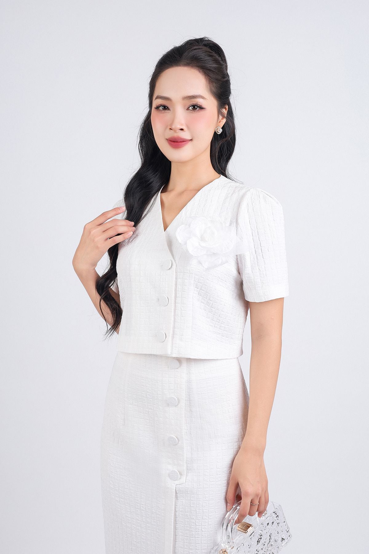 BJD33056 - Chân váy kiểu công sở vải thô dáng bút chì hai lớp lót habutai thân váy đính khuy bọc trang trí xẻ tà trước - PANTIO