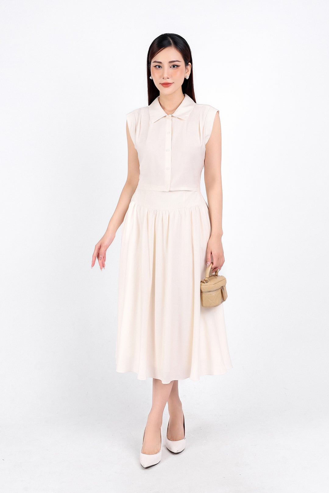 BJD33059 - Chân váy công sở vải tơ hai lớp lót habutai dáng xoè dài eo nhún đáp cạp khoá bên hông - PANTIO