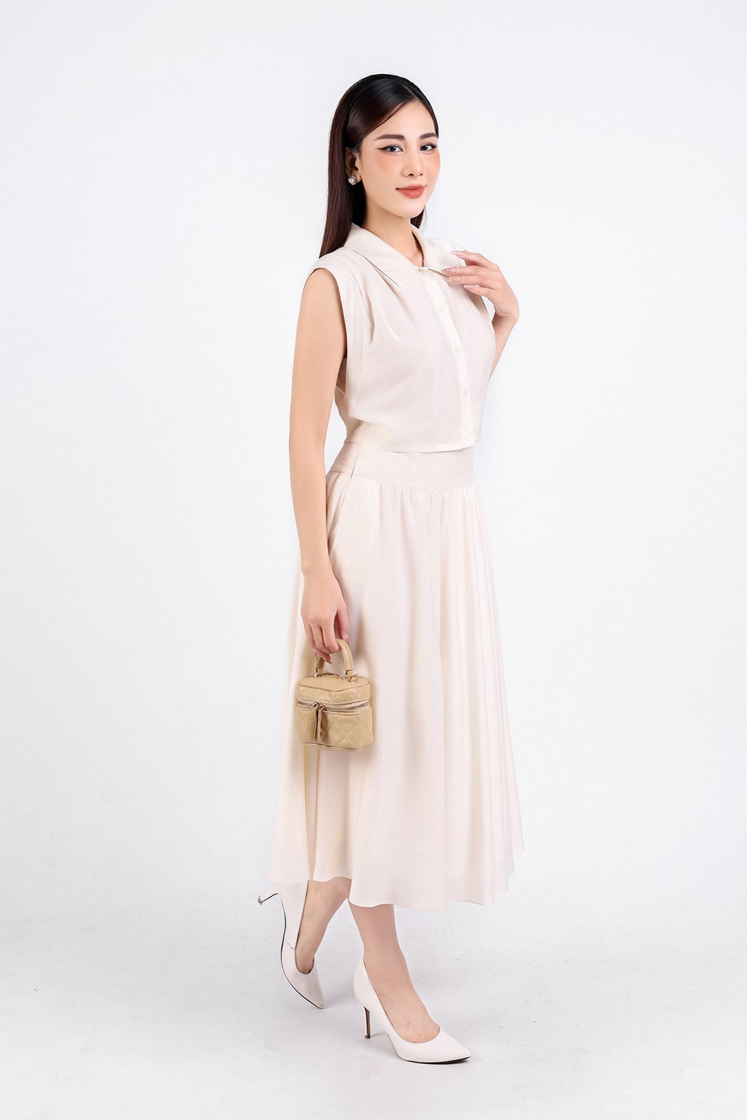 BJD33059 - Chân váy công sở vải tơ hai lớp lót habutai dáng xoè dài eo nhún đáp cạp khoá bên hông - PANTIO