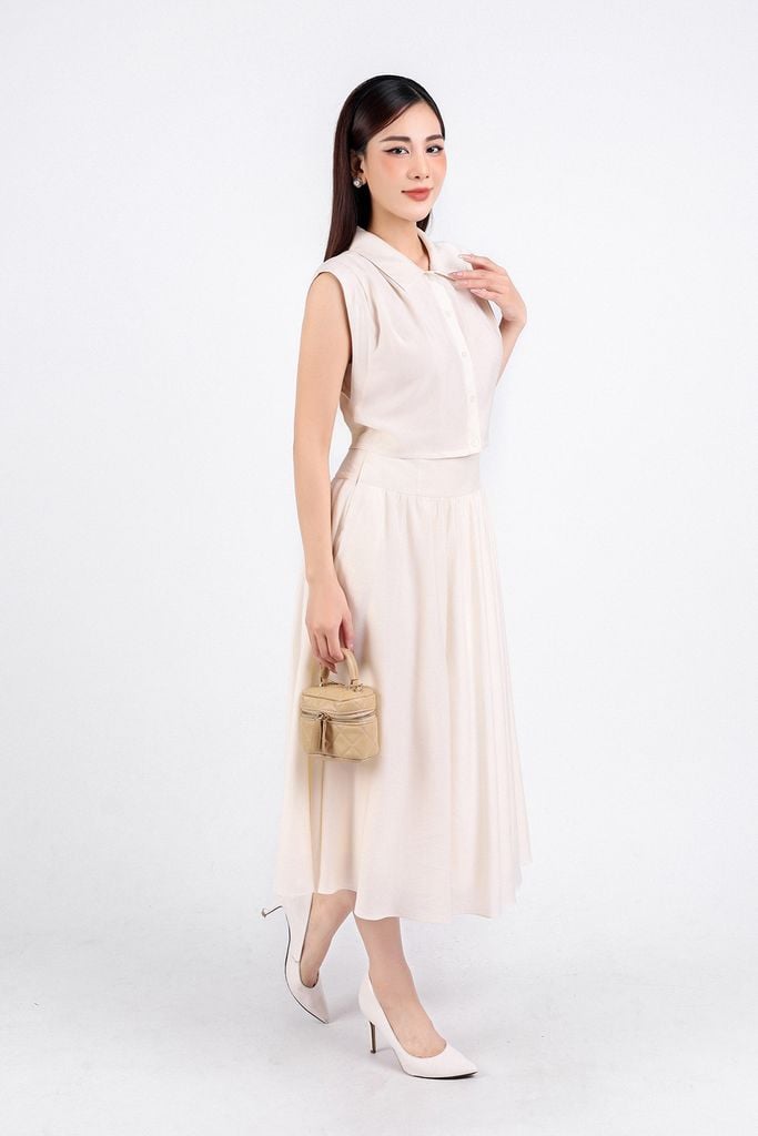 BJD33059 - Chân váy công sở vải tơ hai lớp lót habutai dáng xoè dài eo nhún đáp cạp khoá bên hông - PANTIO