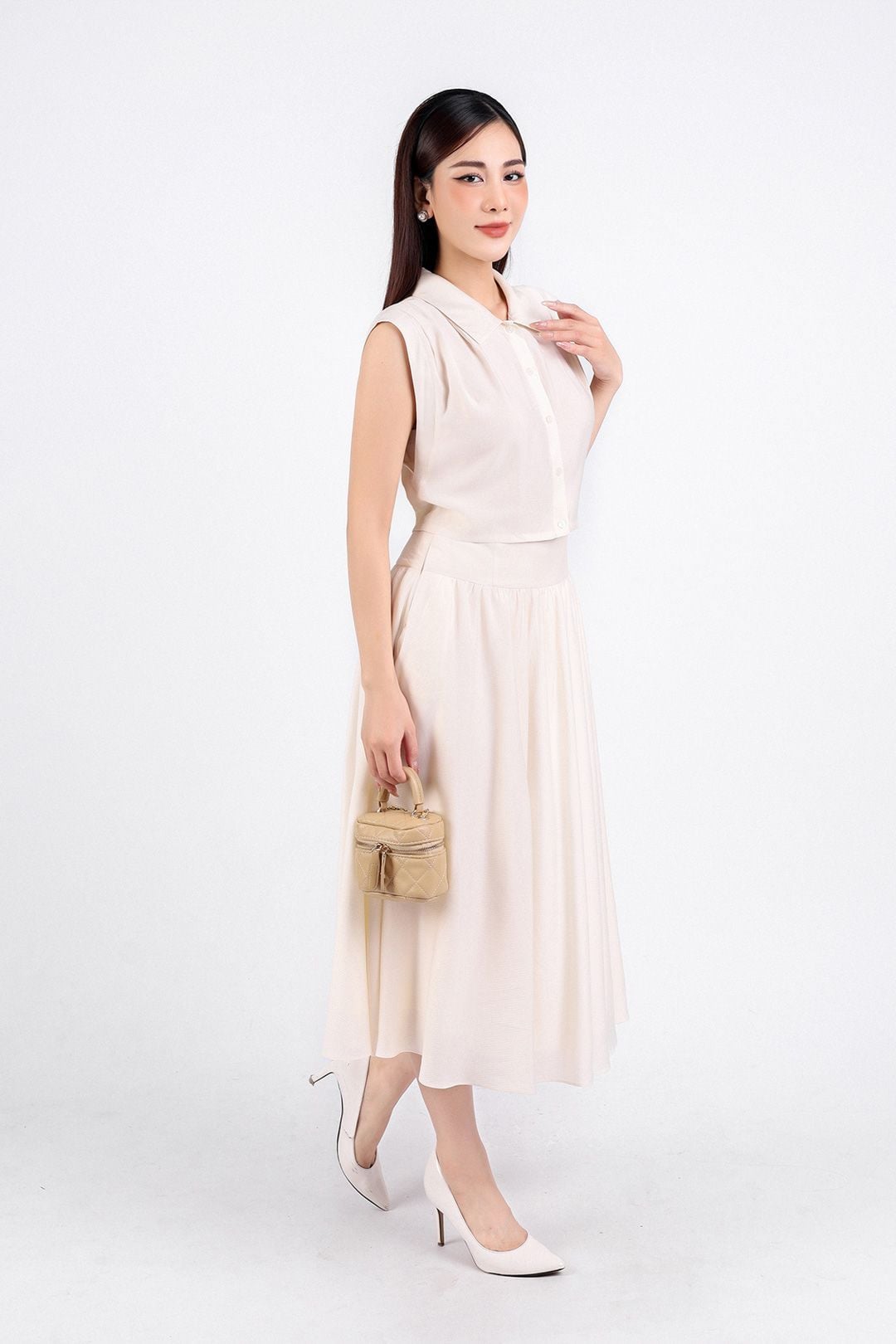 BJD33059 - Chân váy công sở vải tơ hai lớp lót habutai dáng xoè dài eo nhún đáp cạp khoá bên hông - PANTIO