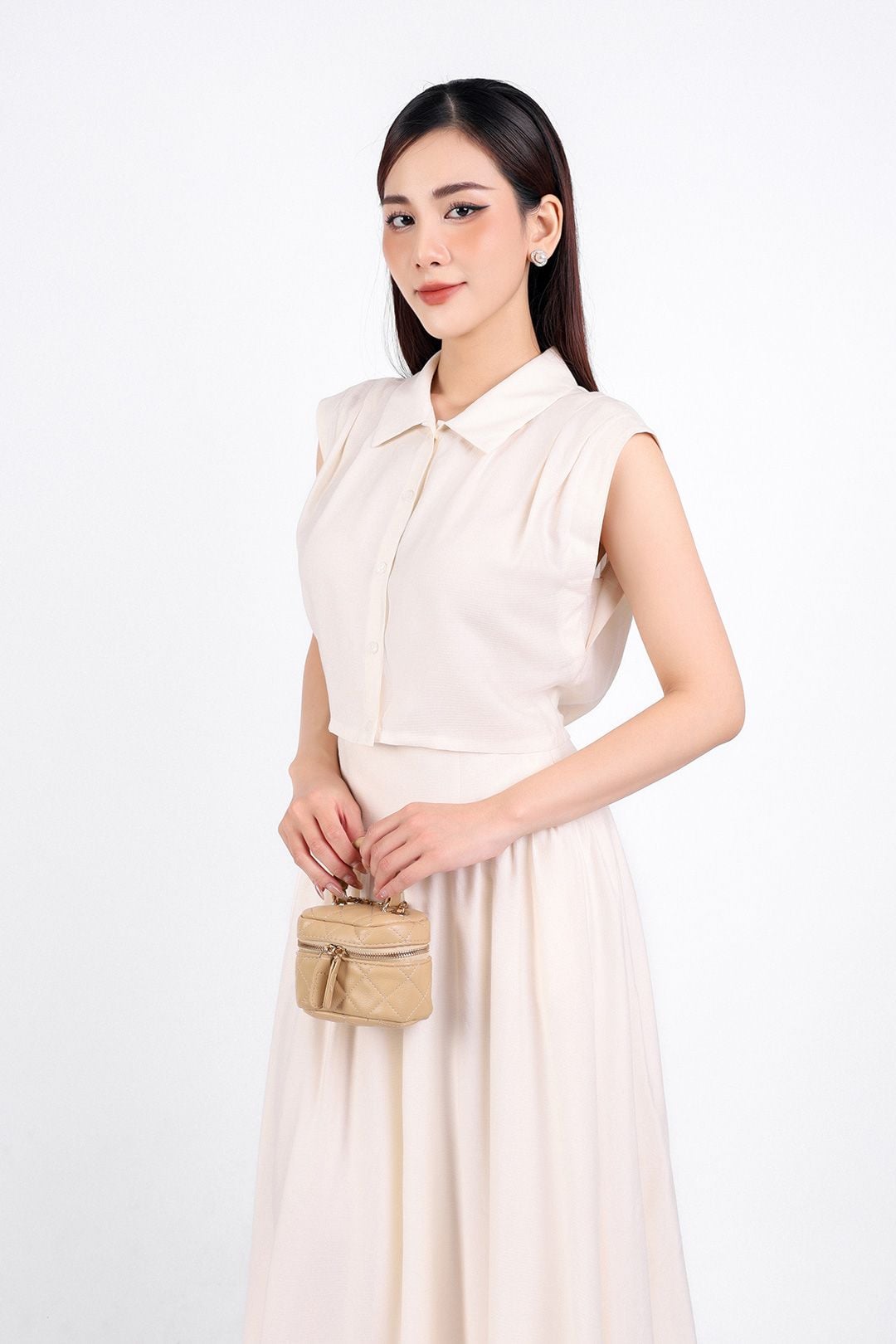 BJD33059 - Chân váy công sở vải tơ hai lớp lót habutai dáng xoè dài eo nhún đáp cạp khoá bên hông - PANTIO