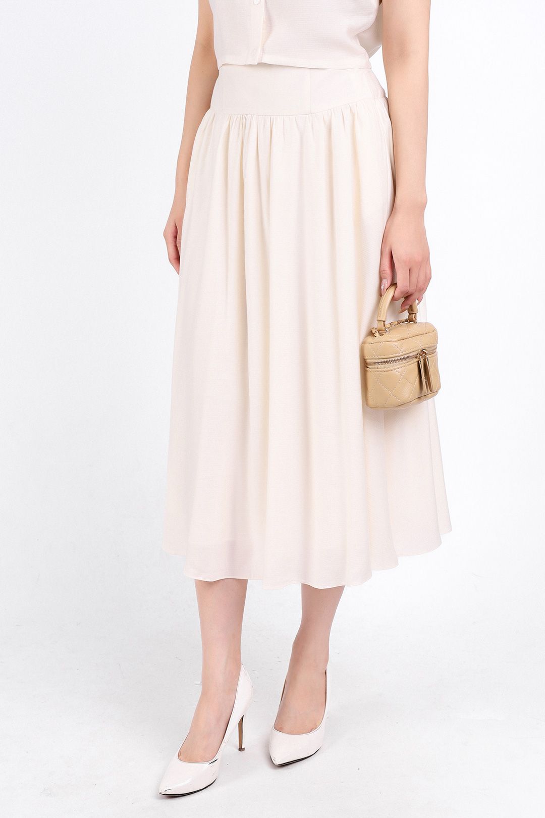 BJD33059 - Chân váy công sở vải tơ hai lớp lót habutai dáng xoè dài eo nhún đáp cạp khoá bên hông - PANTIO