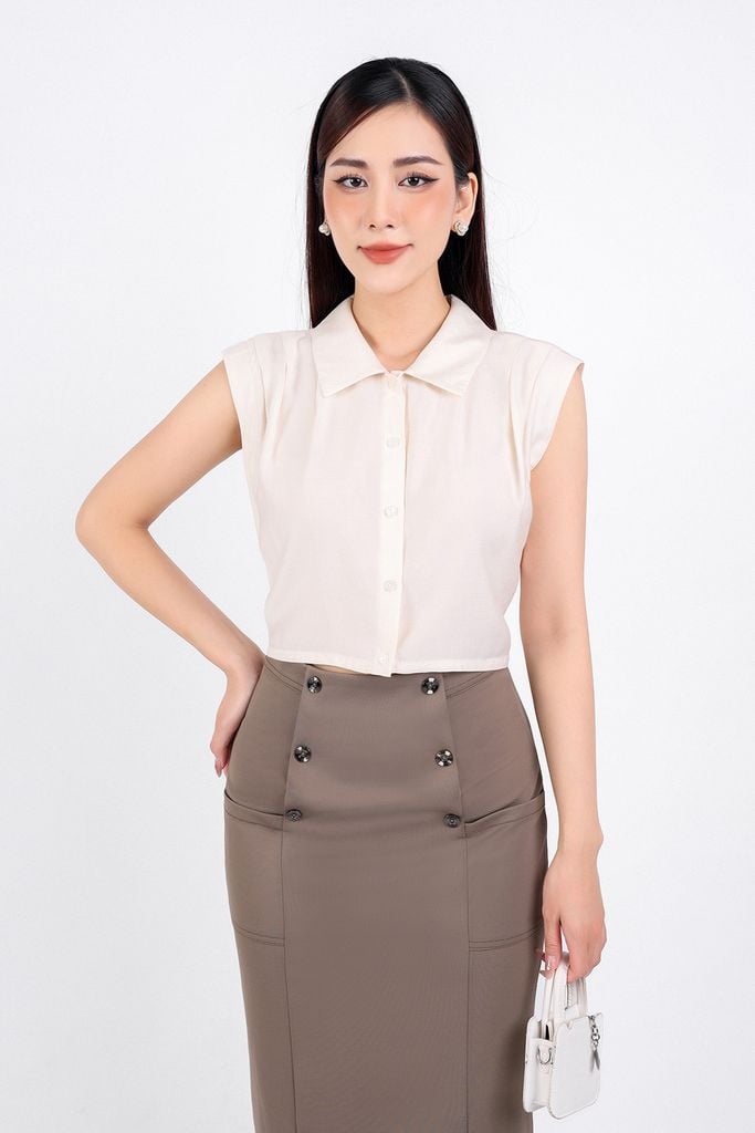 FJD31155 - Chân váy công sở vải thô hai lớp lót habutai dáng bút chì eo đính khuy trang trí khá thân sau - PANTIO