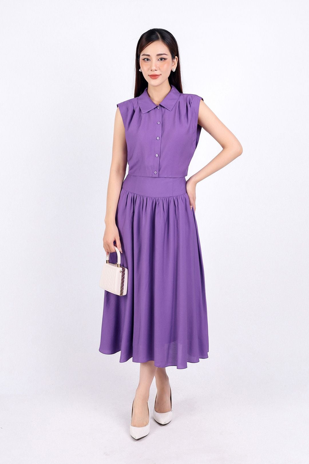 BJD33059 - Chân váy công sở vải tơ hai lớp lót habutai dáng xoè dài eo nhún đáp cạp khoá bên hông - PANTIO