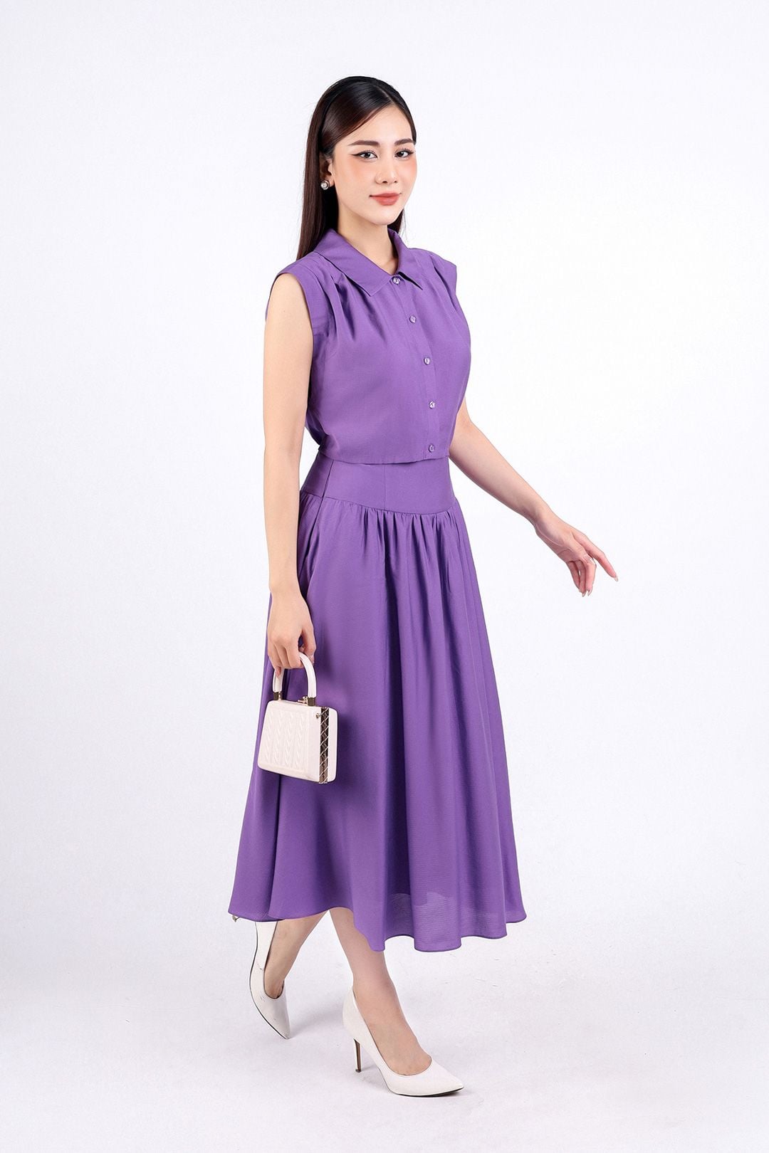 BJD33059 - Chân váy công sở vải tơ hai lớp lót habutai dáng xoè dài eo nhún đáp cạp khoá bên hông - PANTIO