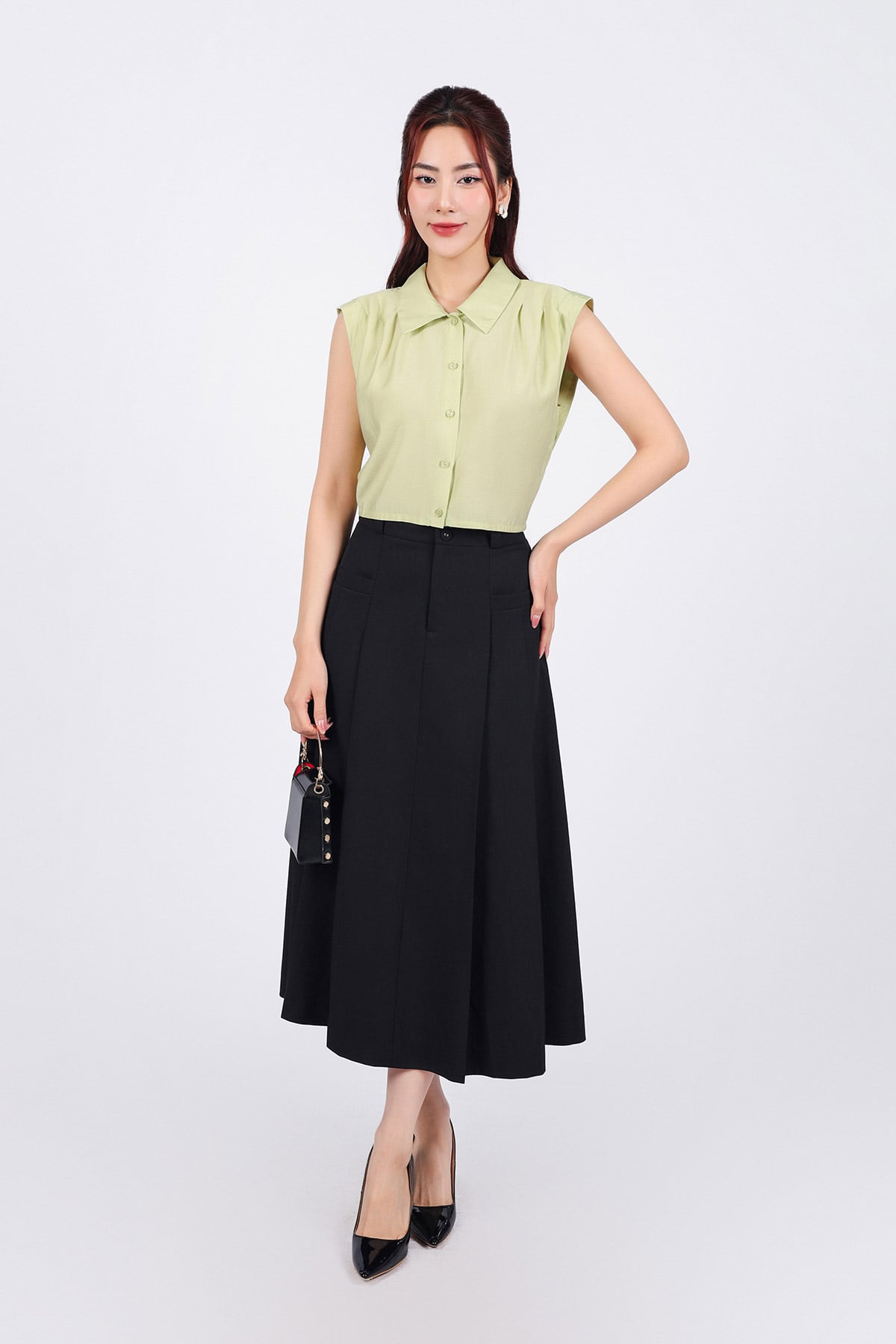 FJD51186 - Chân váy công sở vải thô dáng suông thân váy xếp ly bung tạo xoè đính nắp túi ốp trang trí khoá thân trước - PANTIO