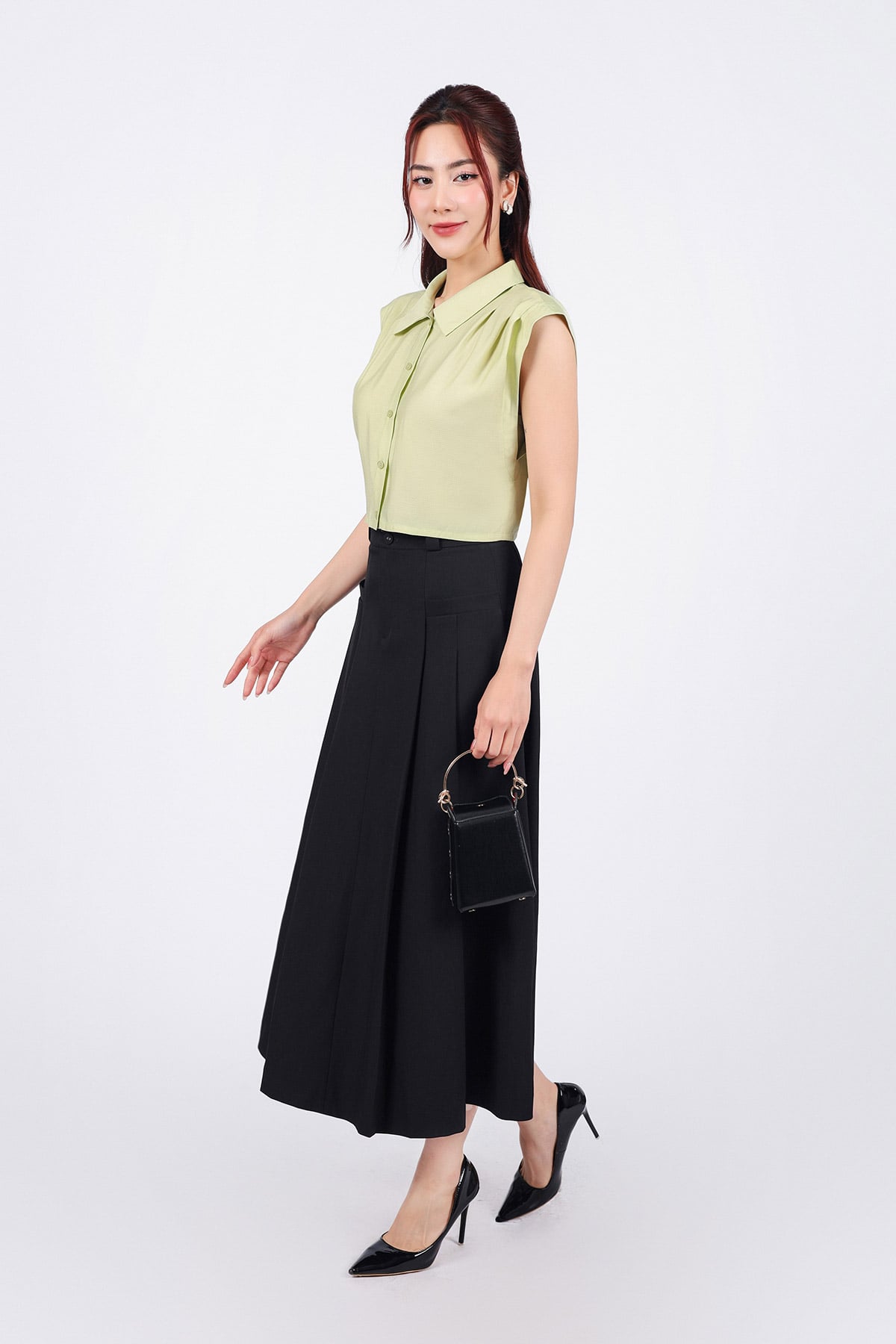 FJD51186 - Chân váy công sở vải thô dáng suông thân váy xếp ly bung tạo xoè đính nắp túi ốp trang trí khoá thân trước - PANTIO