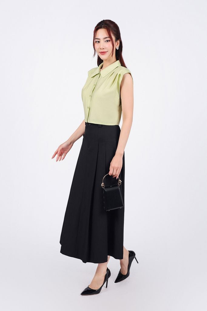 BAS33059 - Áo sơ mi công sở vải tơ dáng croptop cổ đức tay chờm vai xếp ly tạo kiểu cạp chun - PANTIO