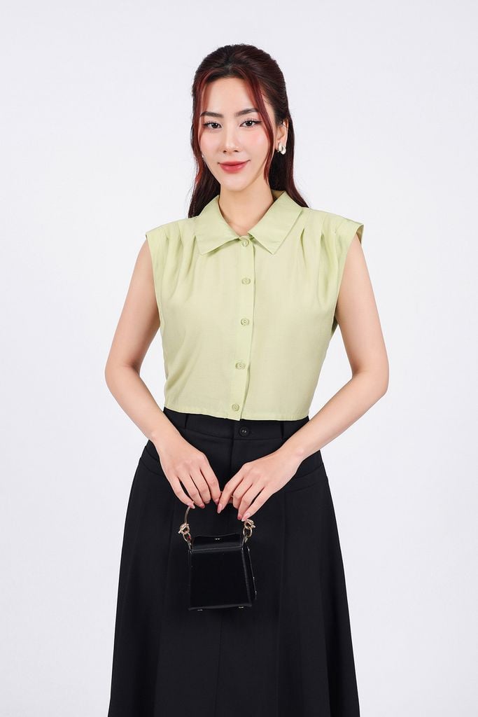 BAS33059 - Áo sơ mi công sở vải tơ dáng croptop cổ đức tay chờm vai xếp ly tạo kiểu cạp chun - PANTIO