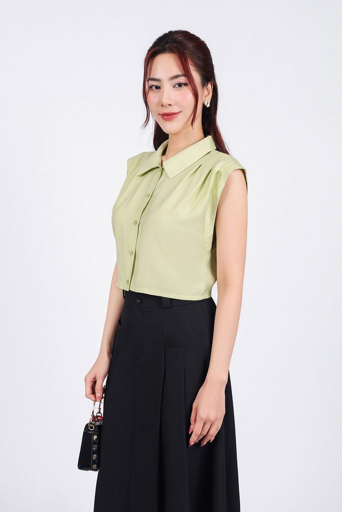 BAS33059 - Áo sơ mi công sở vải tơ dáng croptop cổ đức tay chờm vai xếp ly tạo kiểu cạp chun - PANTIO