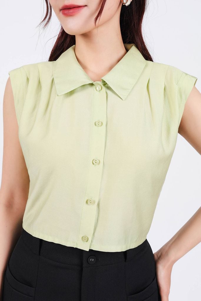 BAS33059 - Áo sơ mi công sở vải tơ dáng croptop cổ đức tay chờm vai xếp ly tạo kiểu cạp chun - PANTIO