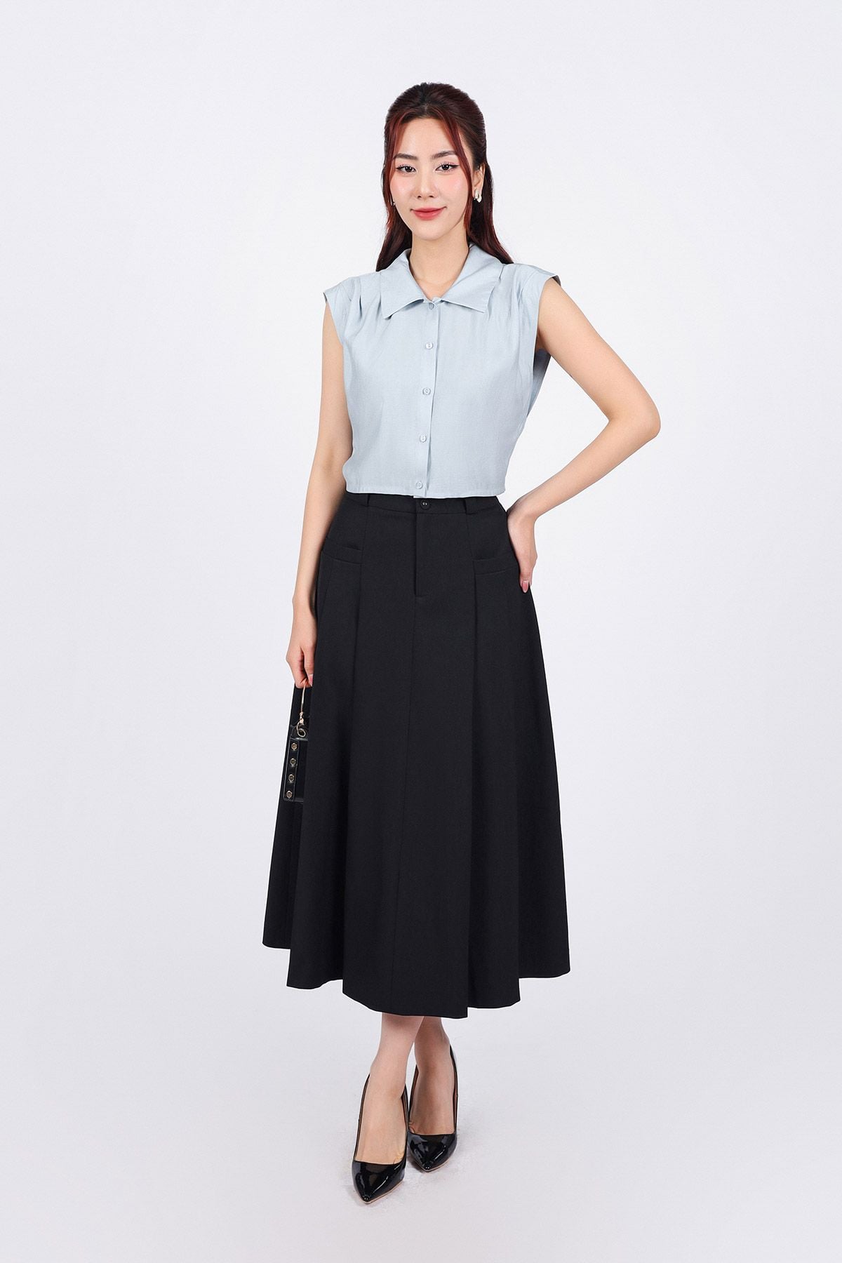 BAS33059 - Áo sơ mi công sở vải tơ dáng croptop cổ đức tay chờm vai xếp ly tạo kiểu cạp chun - PANTIO