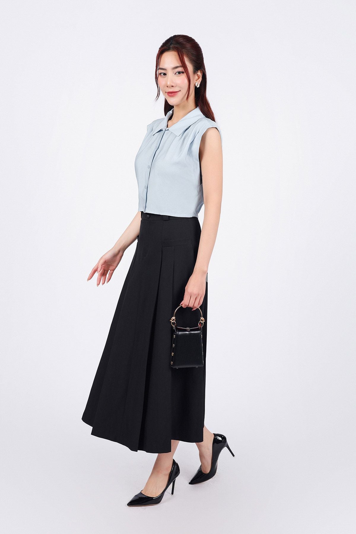 BAS33059 - Áo sơ mi công sở vải tơ dáng croptop cổ đức tay chờm vai xếp ly tạo kiểu cạp chun - PANTIO