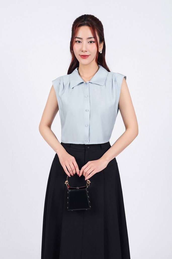 BAS33059 - Áo sơ mi công sở vải tơ dáng croptop cổ đức tay chờm vai xếp ly tạo kiểu cạp chun - PANTIO