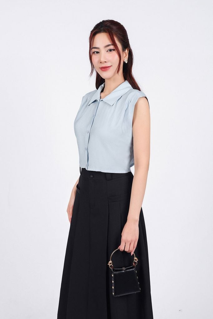 BAS33059 - Áo sơ mi công sở vải tơ dáng croptop cổ đức tay chờm vai xếp ly tạo kiểu cạp chun - PANTIO