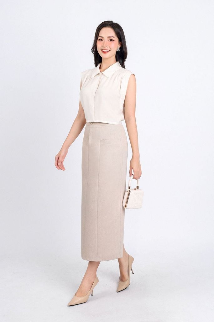 BAS33059 - Áo sơ mi công sở vải tơ dáng croptop cổ đức tay chờm vai xếp ly tạo kiểu cạp chun - PANTIO