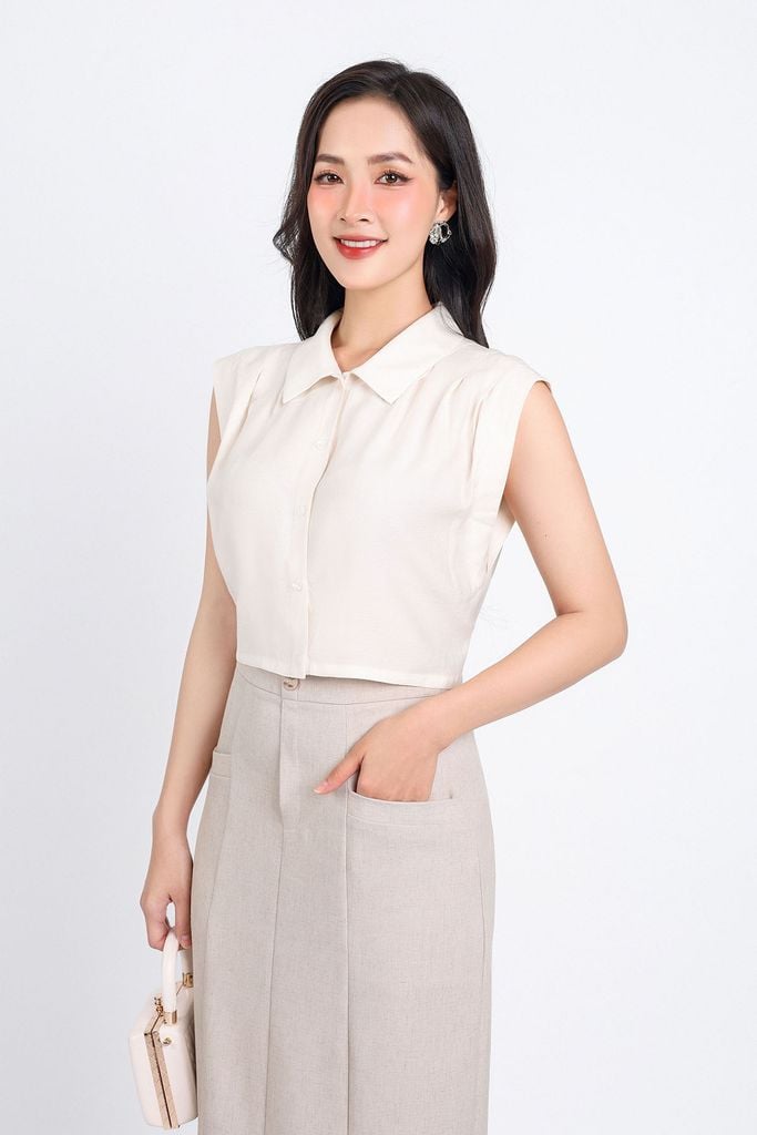 BAS33059 - Áo sơ mi công sở vải tơ dáng croptop cổ đức tay chờm vai xếp ly tạo kiểu cạp chun - PANTIO