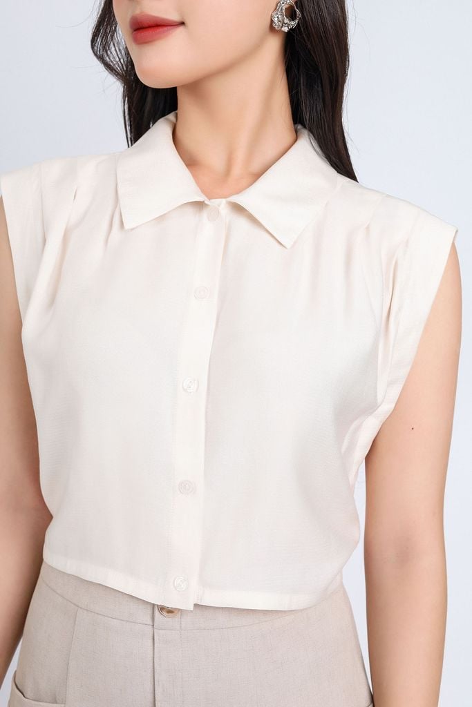 BAS33059 - Áo sơ mi công sở vải tơ dáng croptop cổ đức tay chờm vai xếp ly tạo kiểu cạp chun - PANTIO