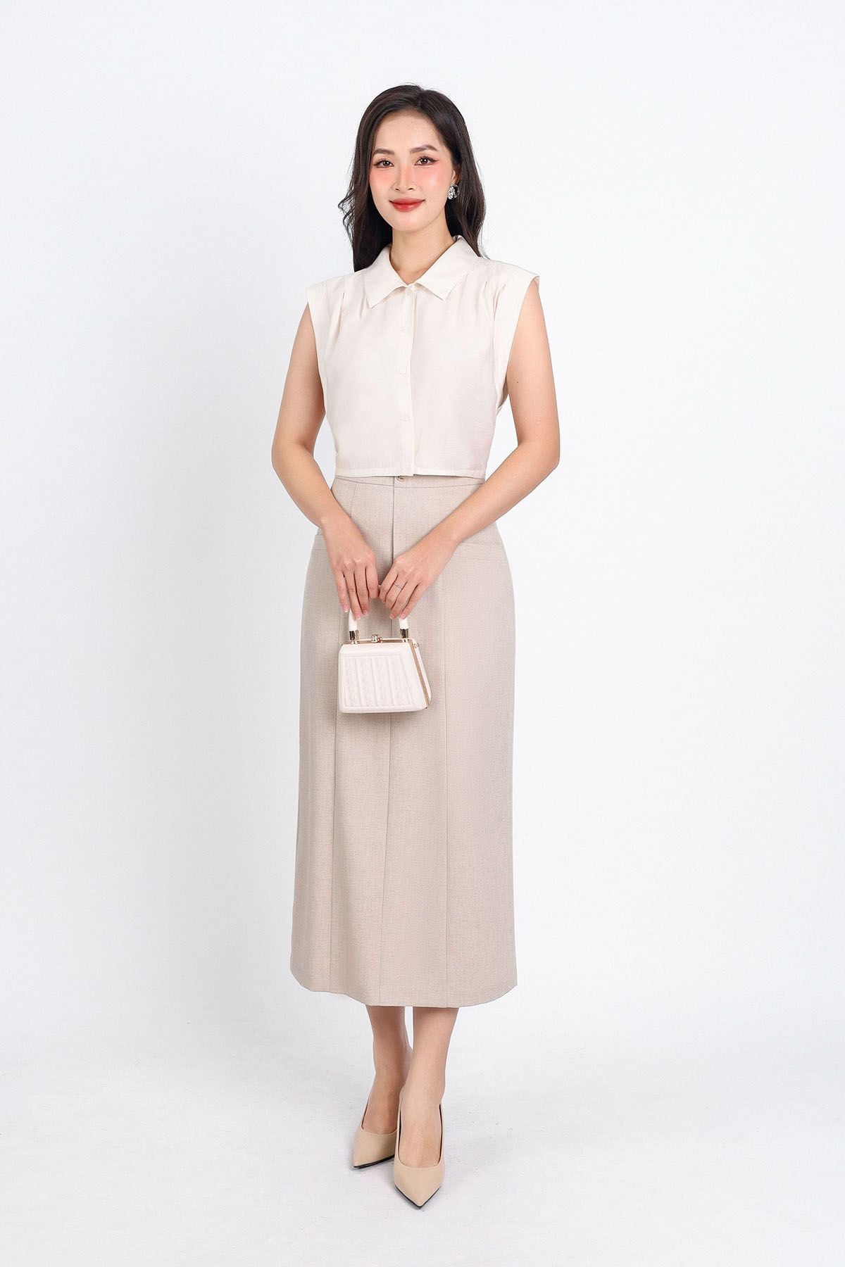 BAS33059 - Áo sơ mi công sở vải tơ dáng croptop cổ đức tay chờm vai xếp ly tạo kiểu cạp chun - PANTIO