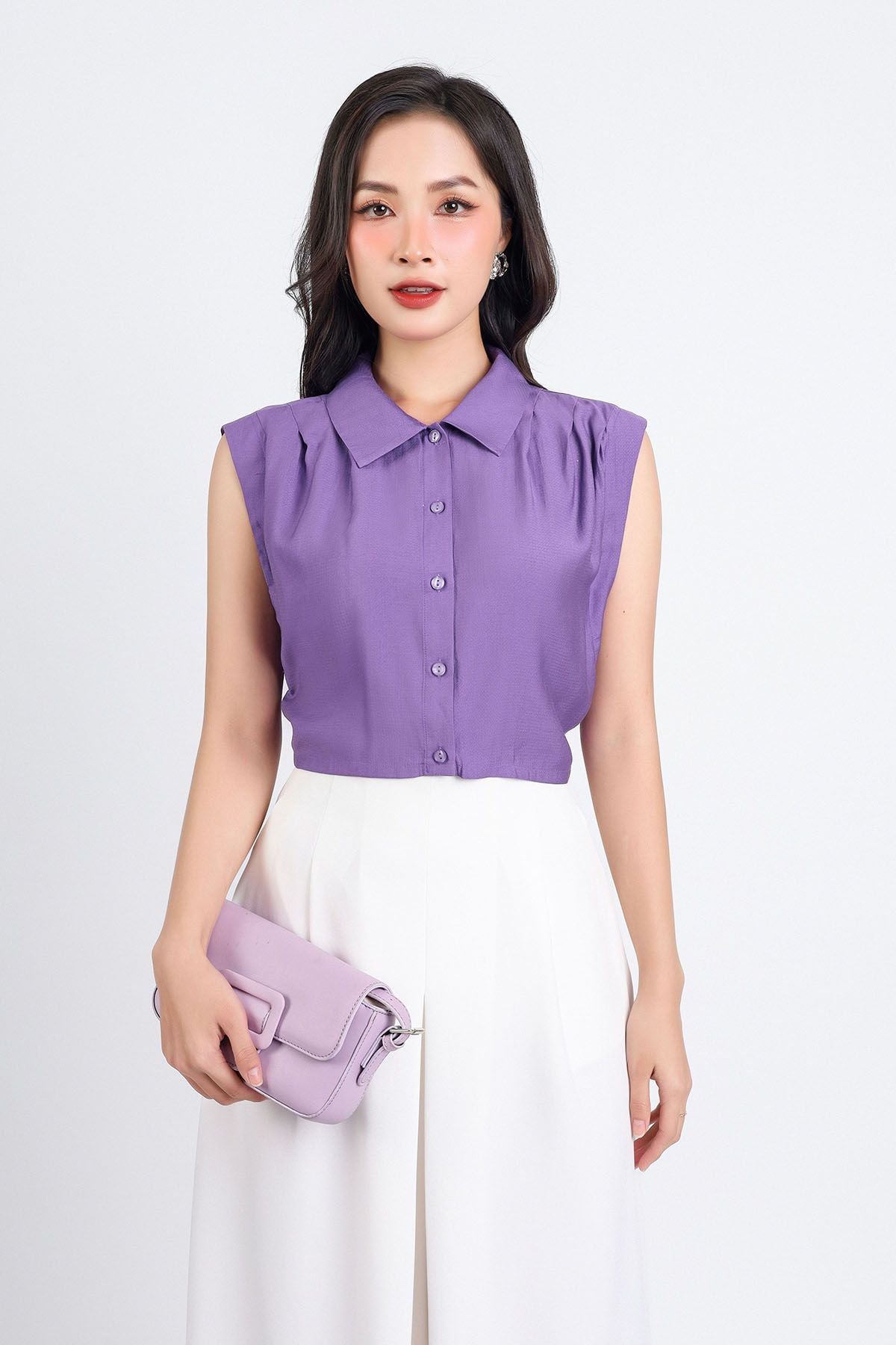 BAS33059 - Áo sơ mi công sở vải tơ dáng croptop cổ đức tay chờm vai xếp ly tạo kiểu cạp chun - PANTIO