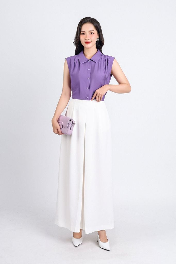 BAS33059 - Áo sơ mi công sở vải tơ dáng croptop cổ đức tay chờm vai xếp ly tạo kiểu cạp chun - PANTIO