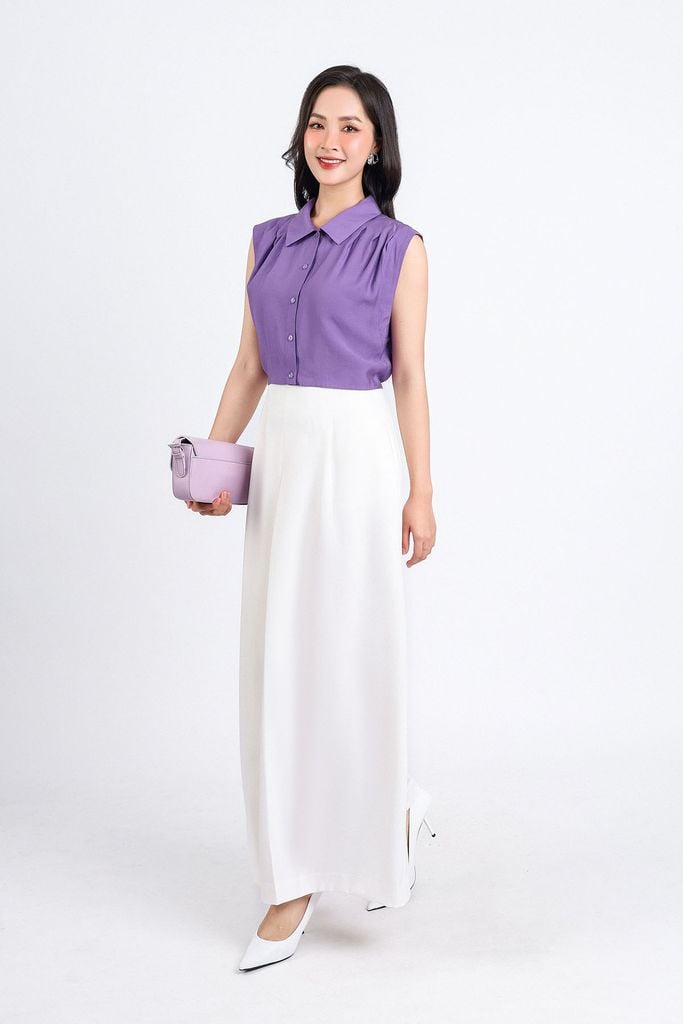 BAS33059 - Áo sơ mi công sở vải tơ dáng croptop cổ đức tay chờm vai xếp ly tạo kiểu cạp chun - PANTIO