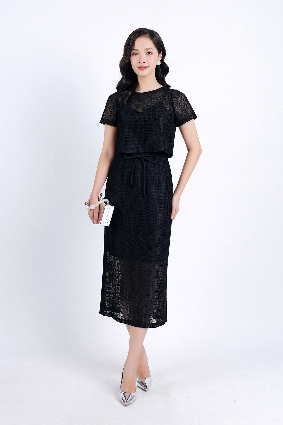 BAS33060 - Áo kiểu dạo phố vải len hai lớp phối vải ren lưới tạo kiểu dáng croptop cổ tròn tay cộc - PANTIO