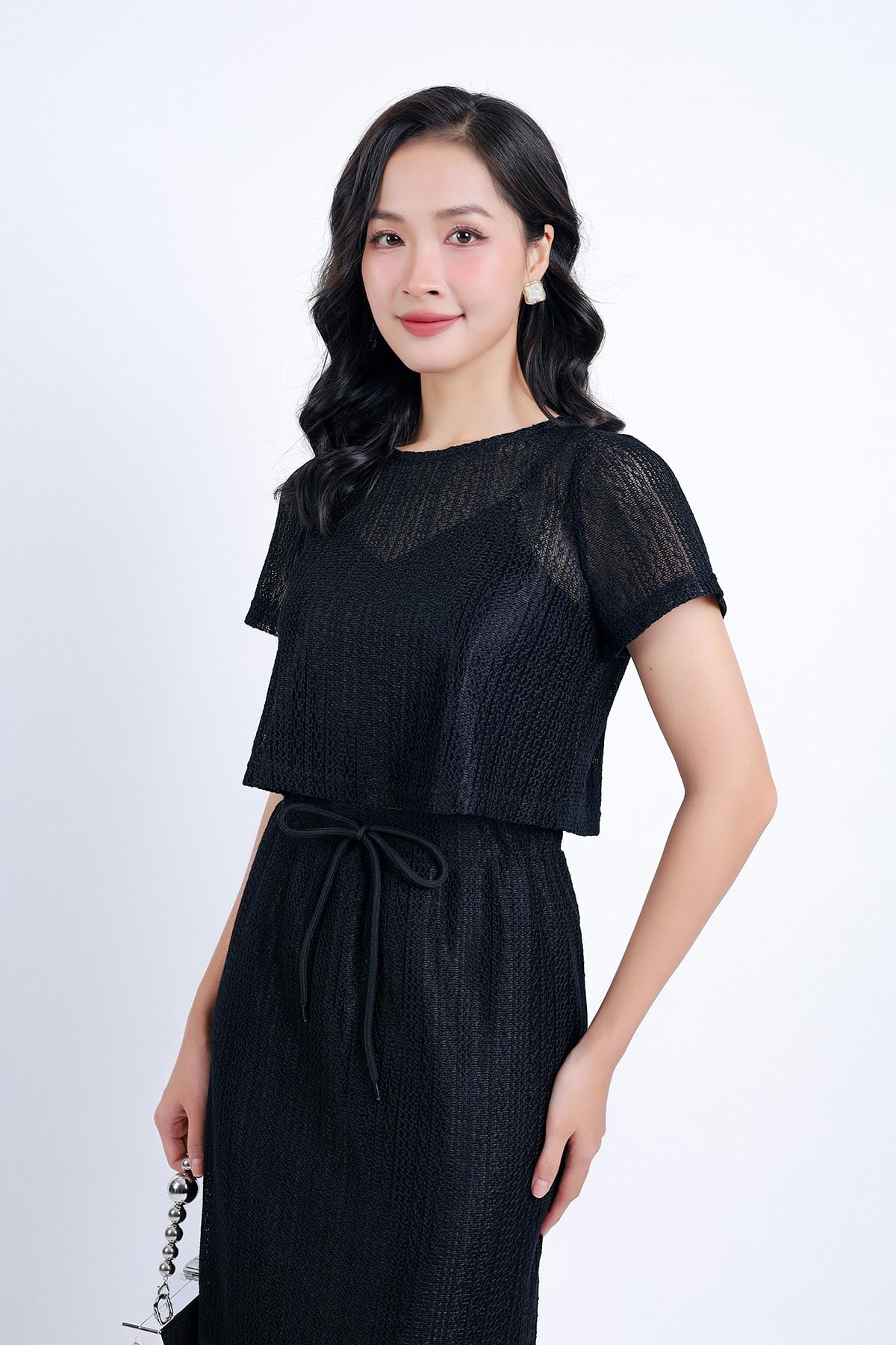 BAS33060 - Áo kiểu dạo phố vải len hai lớp phối vải ren lưới tạo kiểu dáng croptop cổ tròn tay cộc - PANTIO