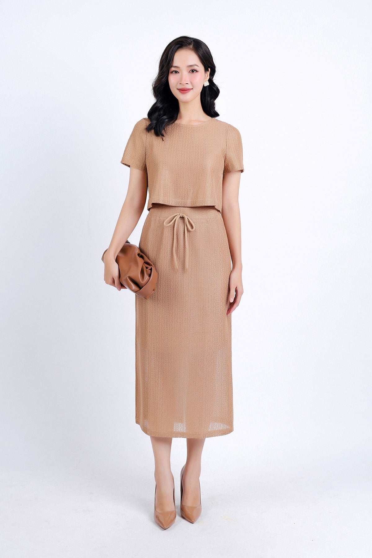 BJD33060 - Chân váy dạo phố vải len hai lớp phối vải ren lưới tạo kiểu dáng suông dài cạp chun phối dây nơ trang trí thân sau xẻ tà - PANTIO