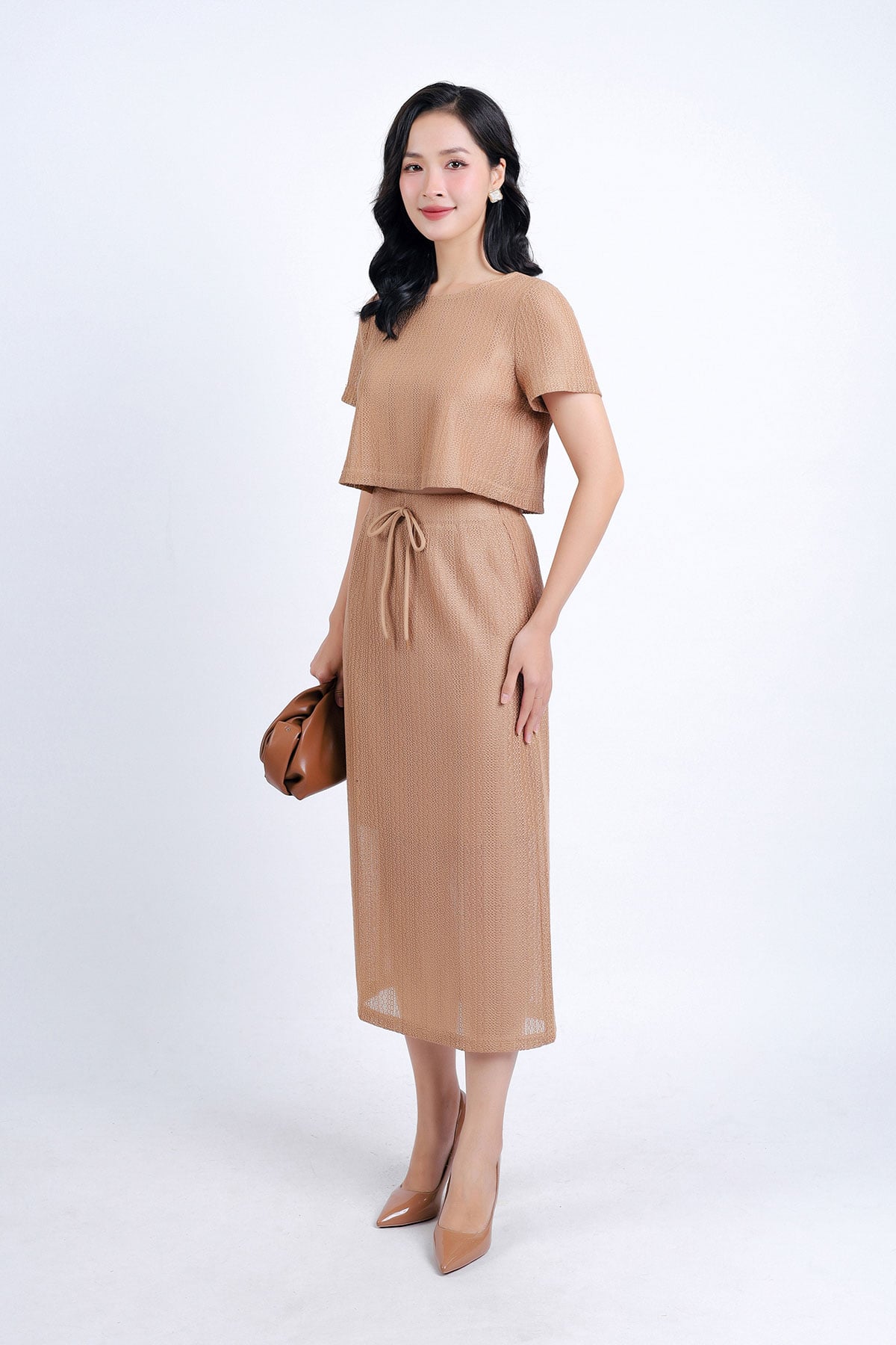 BJD33060 - Chân váy dạo phố vải len hai lớp phối vải ren lưới tạo kiểu dáng suông dài cạp chun phối dây nơ trang trí thân sau xẻ tà - PANTIO