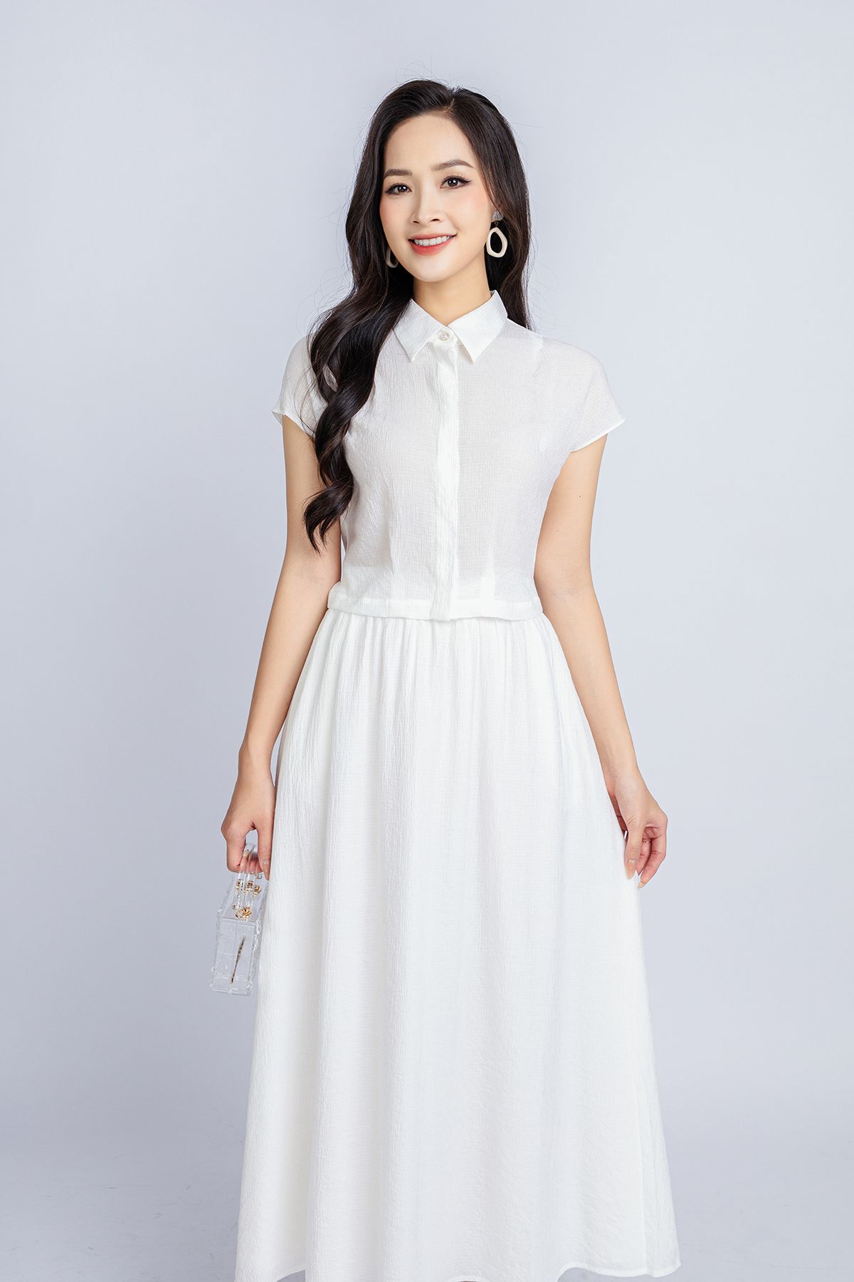 BAS33061 - Áo sơ mi công sở vải tơ nhăn dáng croptop cổ đức vai chờm tay liền - PANTIO