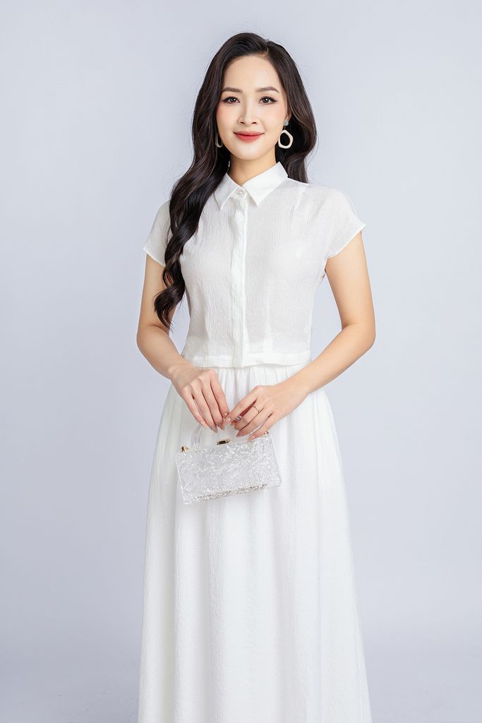 BAS33061 - Áo sơ mi công sở vải tơ nhăn dáng croptop cổ đức vai chờm tay liền - PANTIO