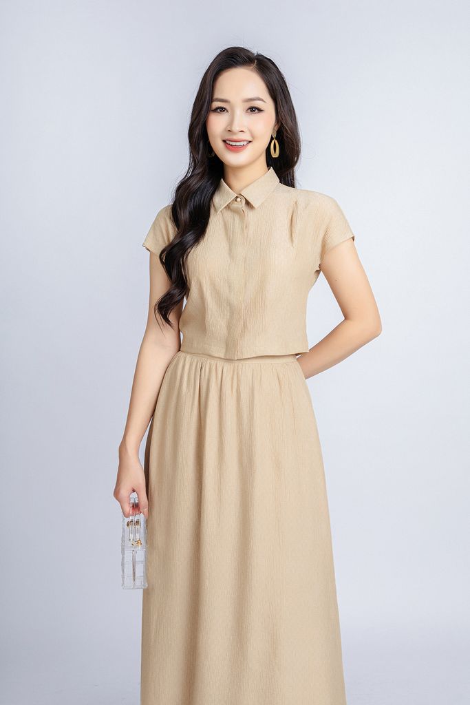 BAS33061 - Áo sơ mi công sở vải tơ nhăn dáng croptop cổ đức vai chờm tay liền - PANTIO