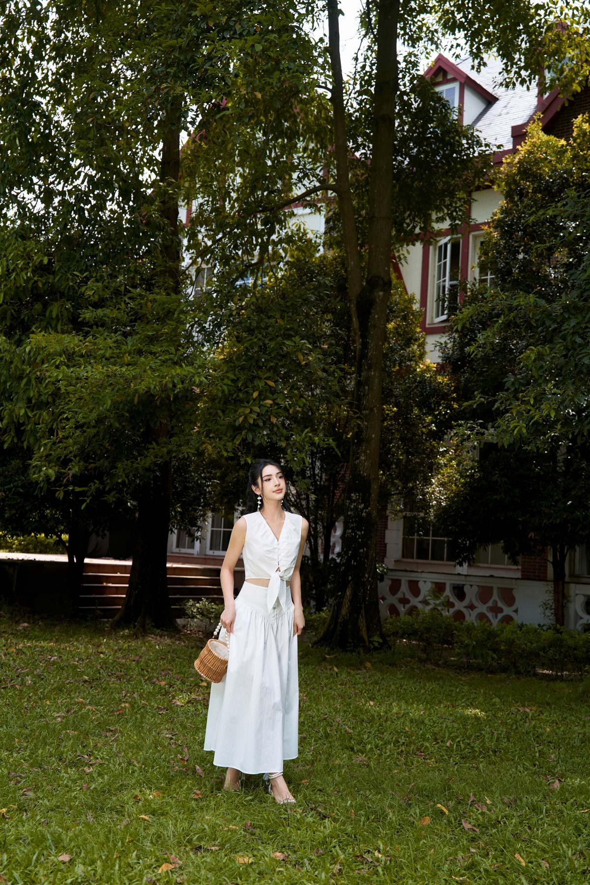 BJD33068 - Chân váy dạo phố vải kaki dáng xoè eo nhún phối cạp bản to cài khuy thân trước - PANTIO