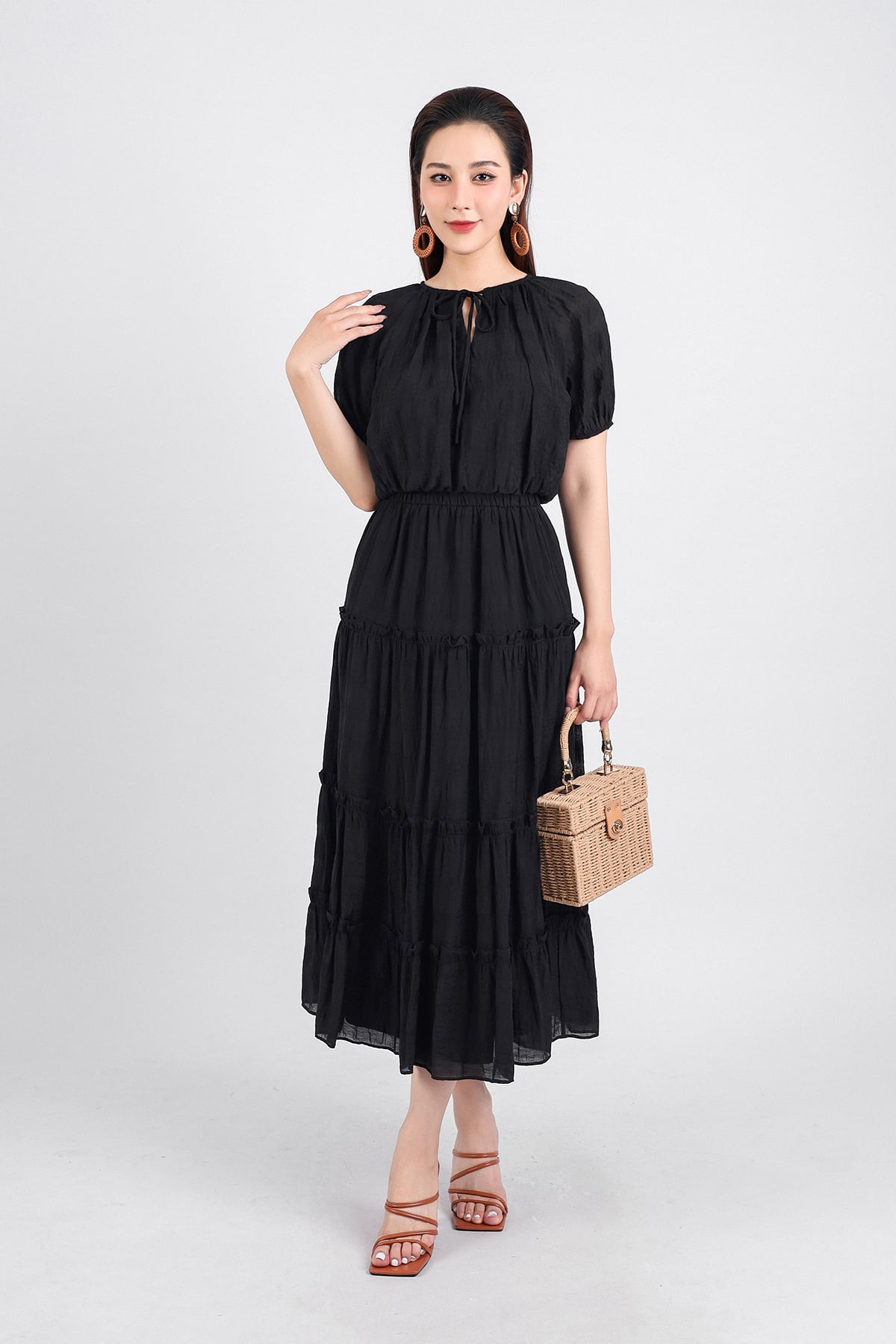 BJD33069 - Chân váy kiểu dạo phố vải thô mỏng hai lớp lót habutai cạp chun thân váy xếp tầng - PANTIO