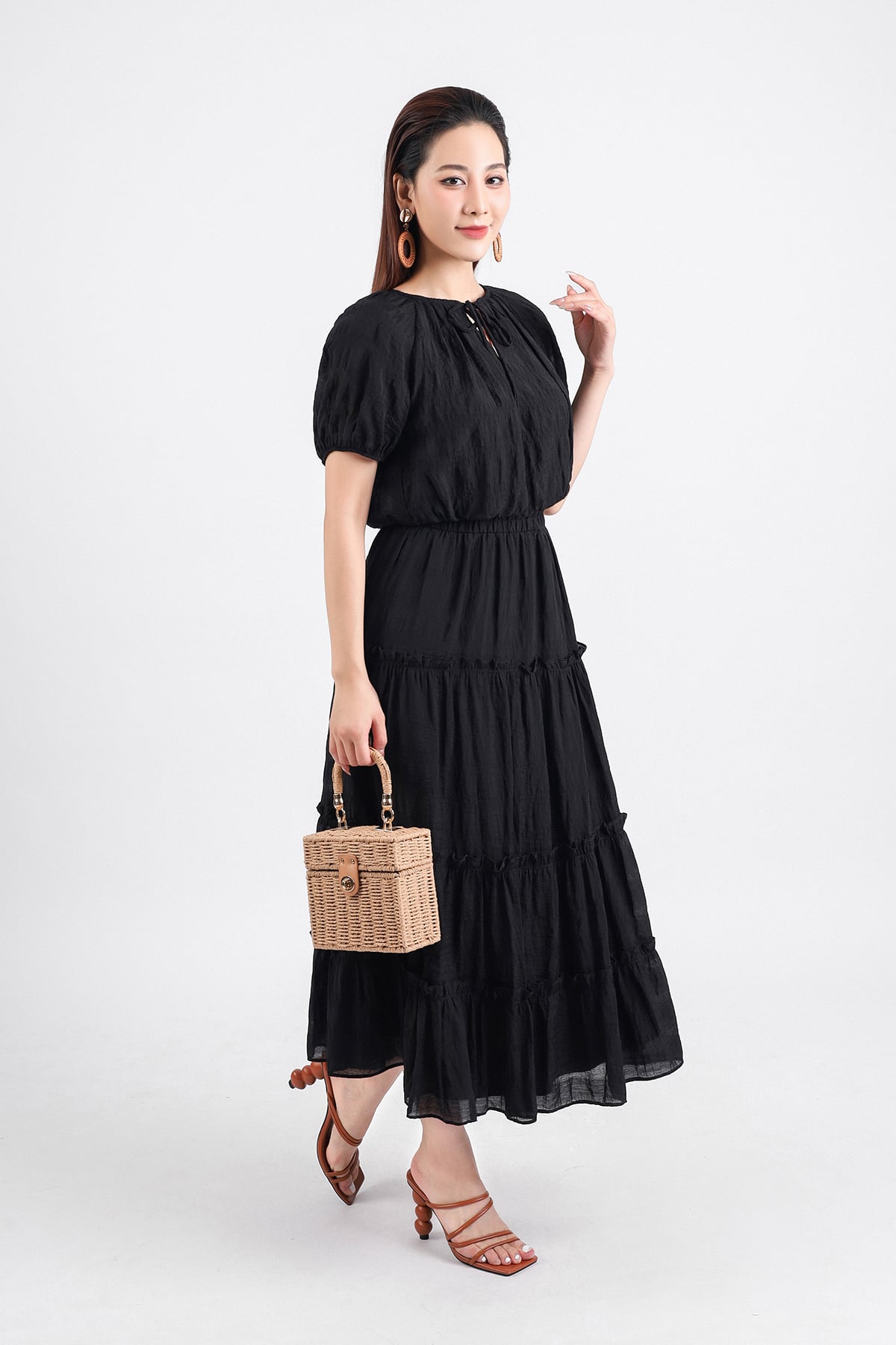 BJD33069 - Chân váy kiểu dạo phố vải thô mỏng hai lớp lót habutai cạp chun thân váy xếp tầng - PANTIO