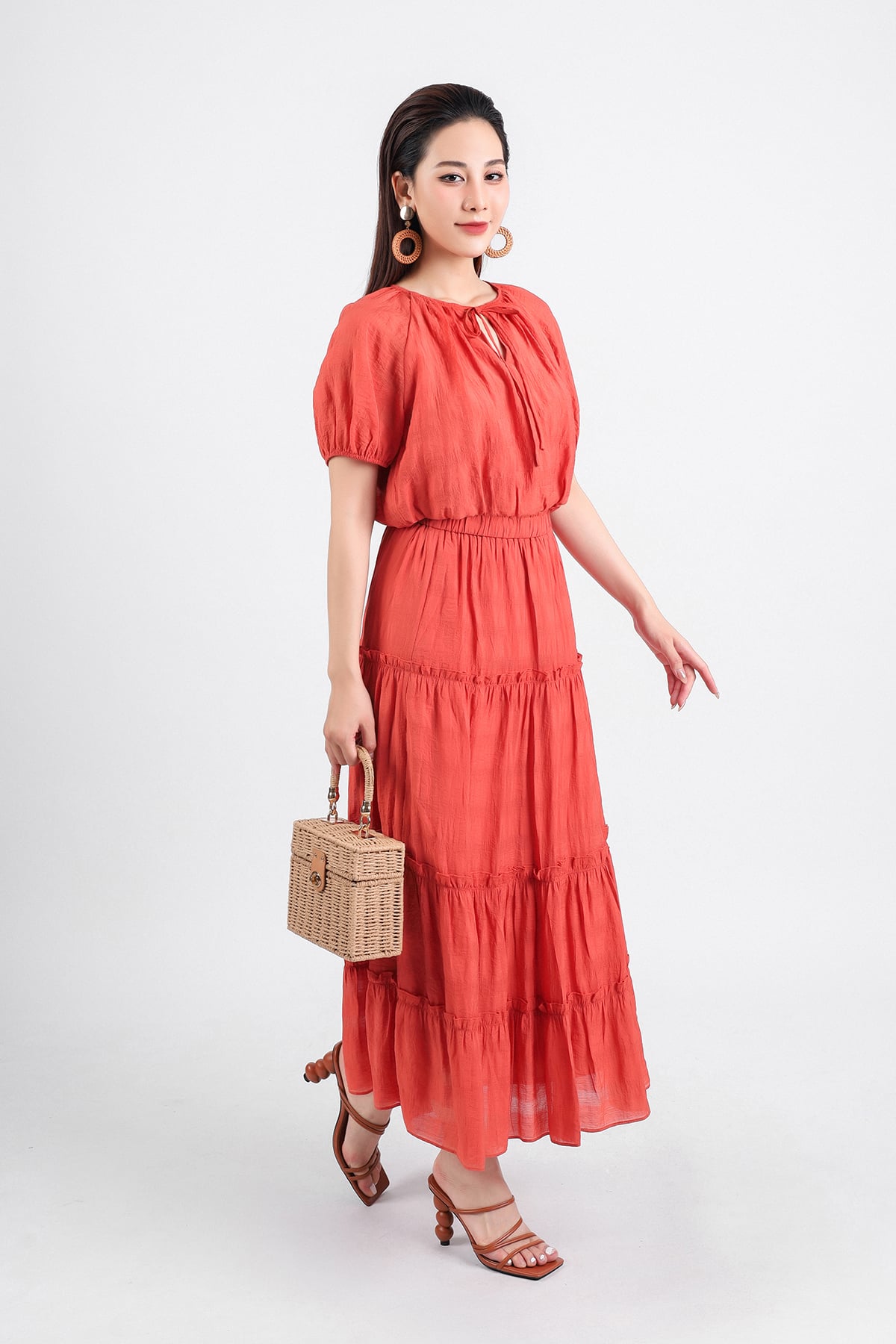 BAS33069 - Áo kiểu dạo phố vải thô mỏng dáng lửng hai lớp lót habutai cổ tròn phối dây nơ tay lửng gấu áo bo chun - PANTIO