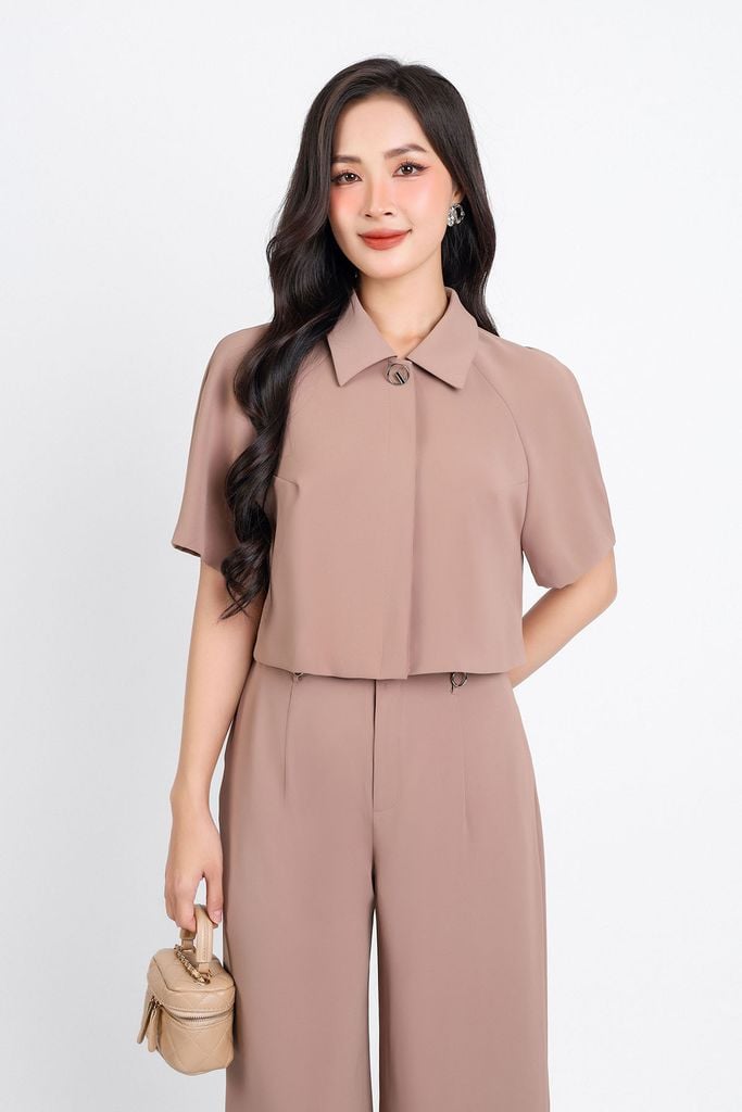 BQD33079 - Quần công sở vải Tuypxy dáng suông dài đai phối khuy kim loại tròn tạo kiểu khoá thân trước - PANTIO