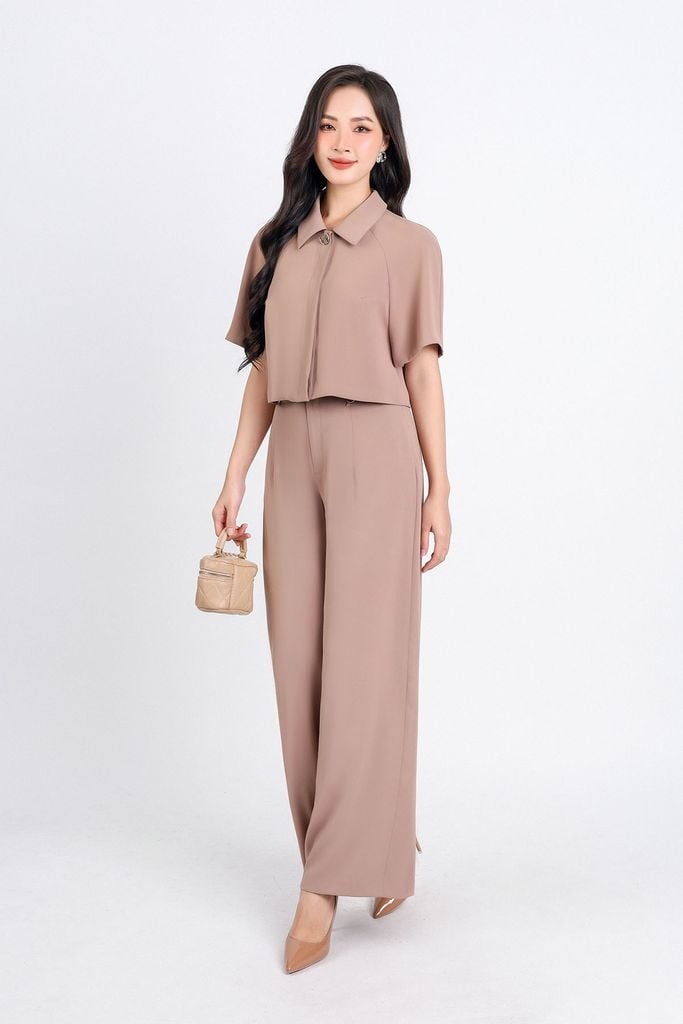 BQD33079 - Quần công sở vải Tuypxy dáng suông dài đai phối khuy kim loại tròn tạo kiểu khoá thân trước - PANTIO