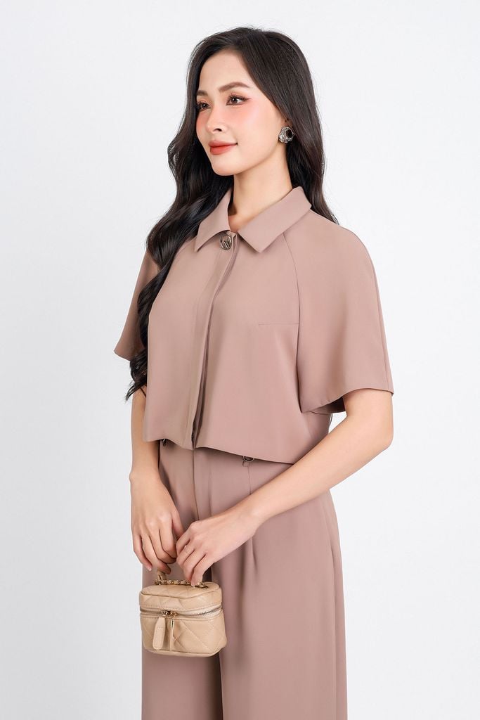 BAS33079 - Áo sơ mi vải Tuypsy dáng lửng tay lỡ cổ đức khối khuy trang trí - PANTIO