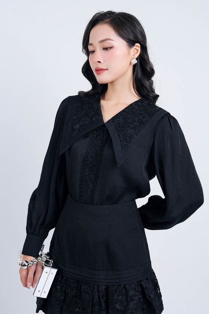 BAS33112 - Áo sơ mi công sở vải tơ dáng suông cổ bẻ ve bản to phối ren hoa tạo kiểu tay dài thân áo phối ren trang trí - PANTIO