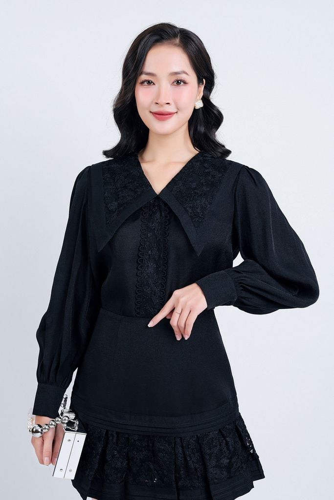 BAS33112 - Áo sơ mi công sở vải tơ dáng suông cổ bẻ ve bản to phối ren hoa tạo kiểu tay dài thân áo phối ren trang trí - PANTIO