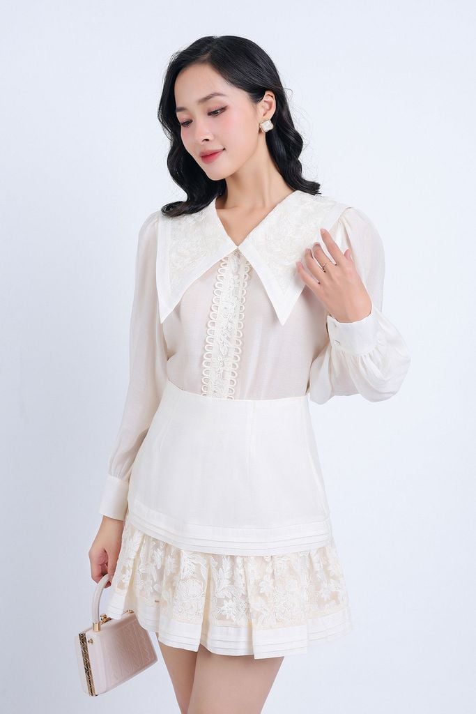 BAS33112 - Áo sơ mi công sở vải tơ dáng suông cổ bẻ ve bản to phối ren hoa tạo kiểu tay dài thân áo phối ren trang trí - PANTIO