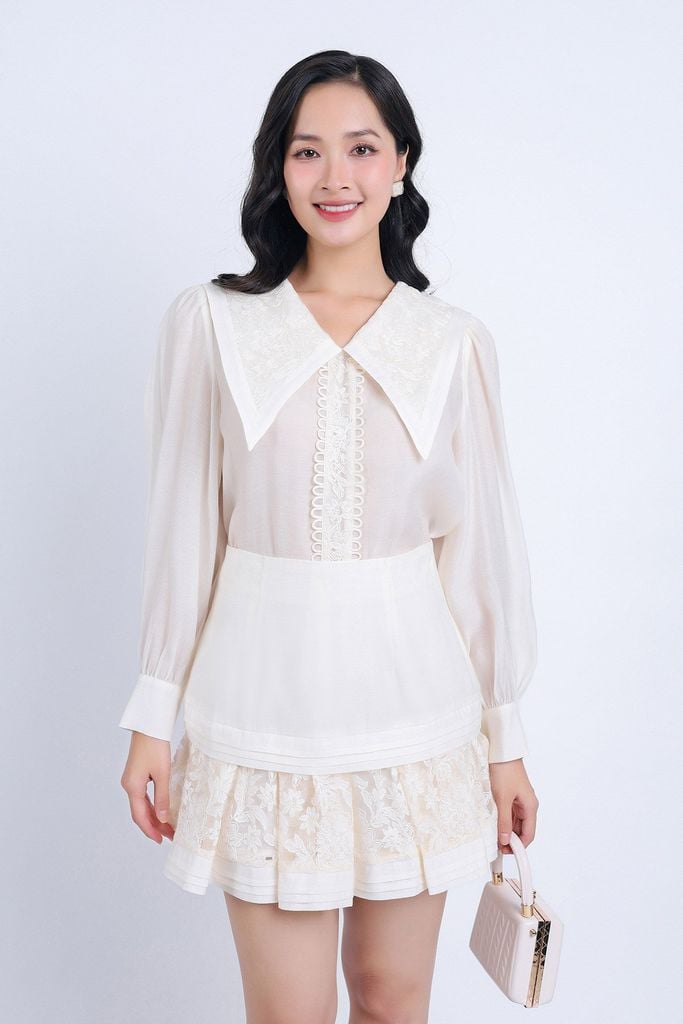 BAS33112 - Áo sơ mi công sở vải tơ dáng suông cổ bẻ ve bản to phối ren hoa tạo kiểu tay dài thân áo phối ren trang trí - PANTIO
