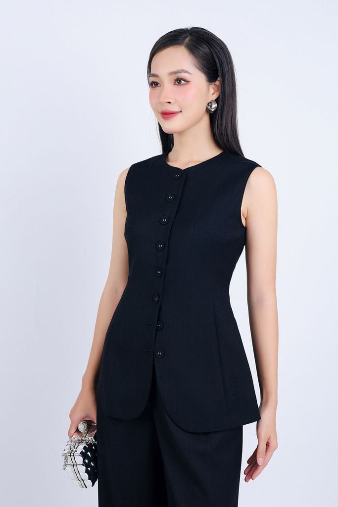 BAS33132 - Áo kiểu công sở vải thô đũi cổ tròn không tay phối khuy bọc thân trước - PANTIO