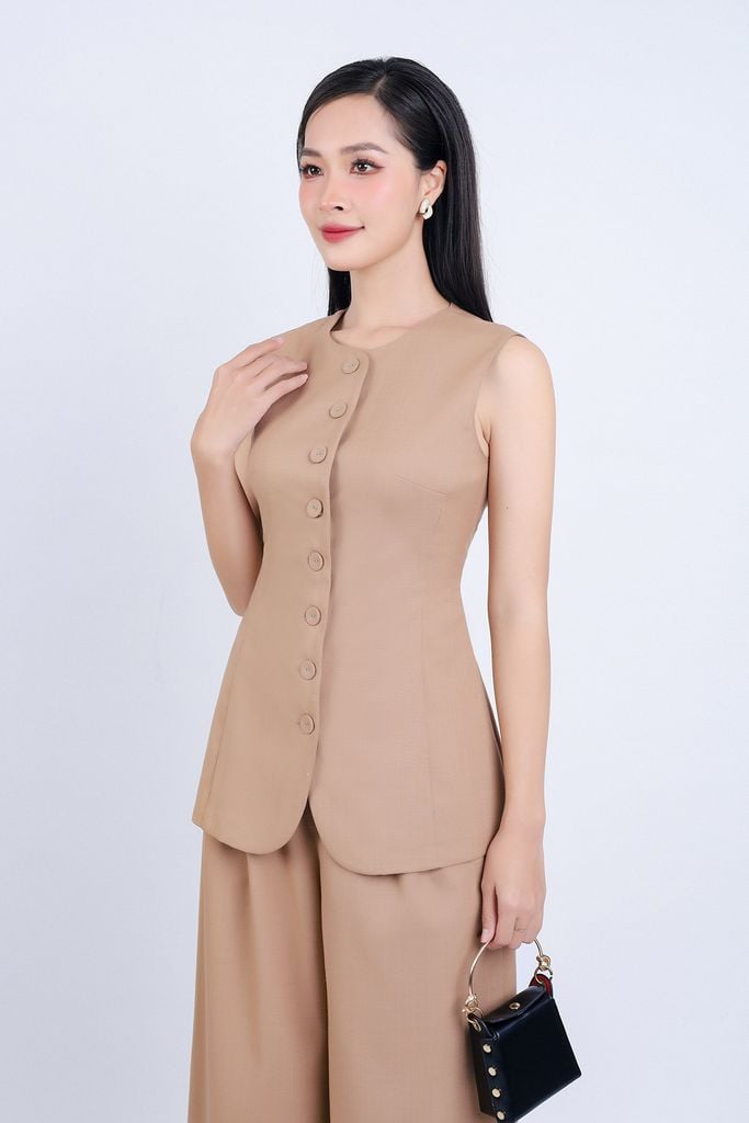 BAS33132 - Áo kiểu công sở vải thô đũi cổ tròn không tay phối khuy bọc thân trước - PANTIO