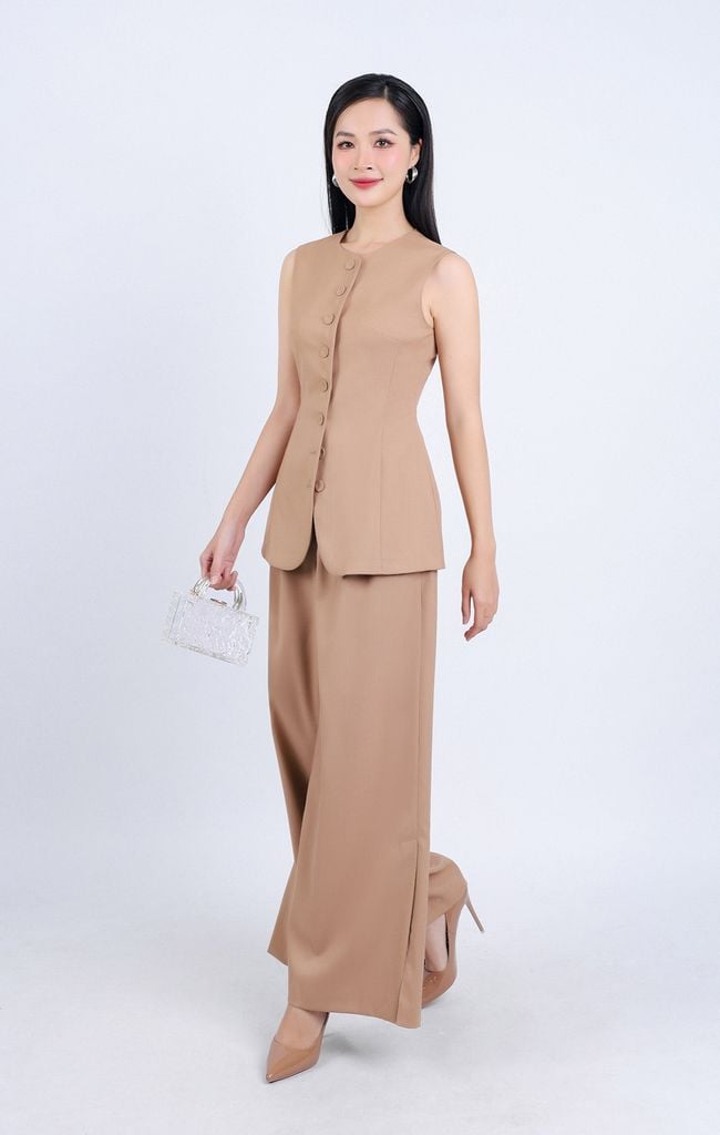 BAS33132 - Áo kiểu công sở vải thô đũi cổ tròn không tay phối khuy bọc thân trước - PANTIO