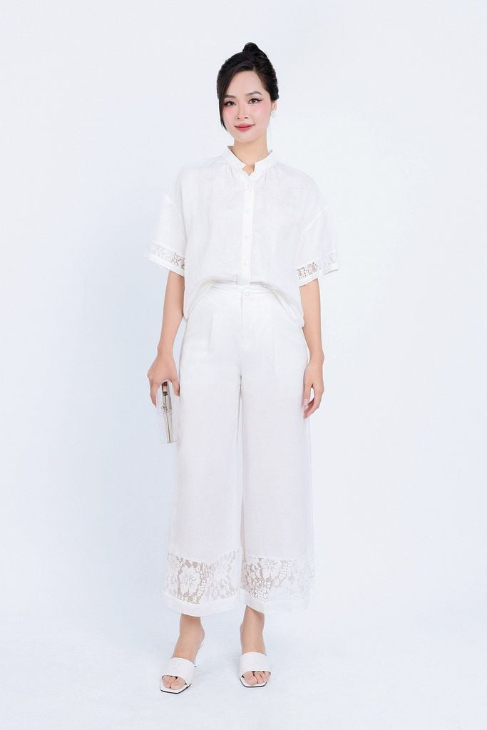 BQD33134 - Quần dài dạo phố vải Linen dáng suông gấu quần phối ren hoa tạo kiểu khóa thân trước - PANTIO